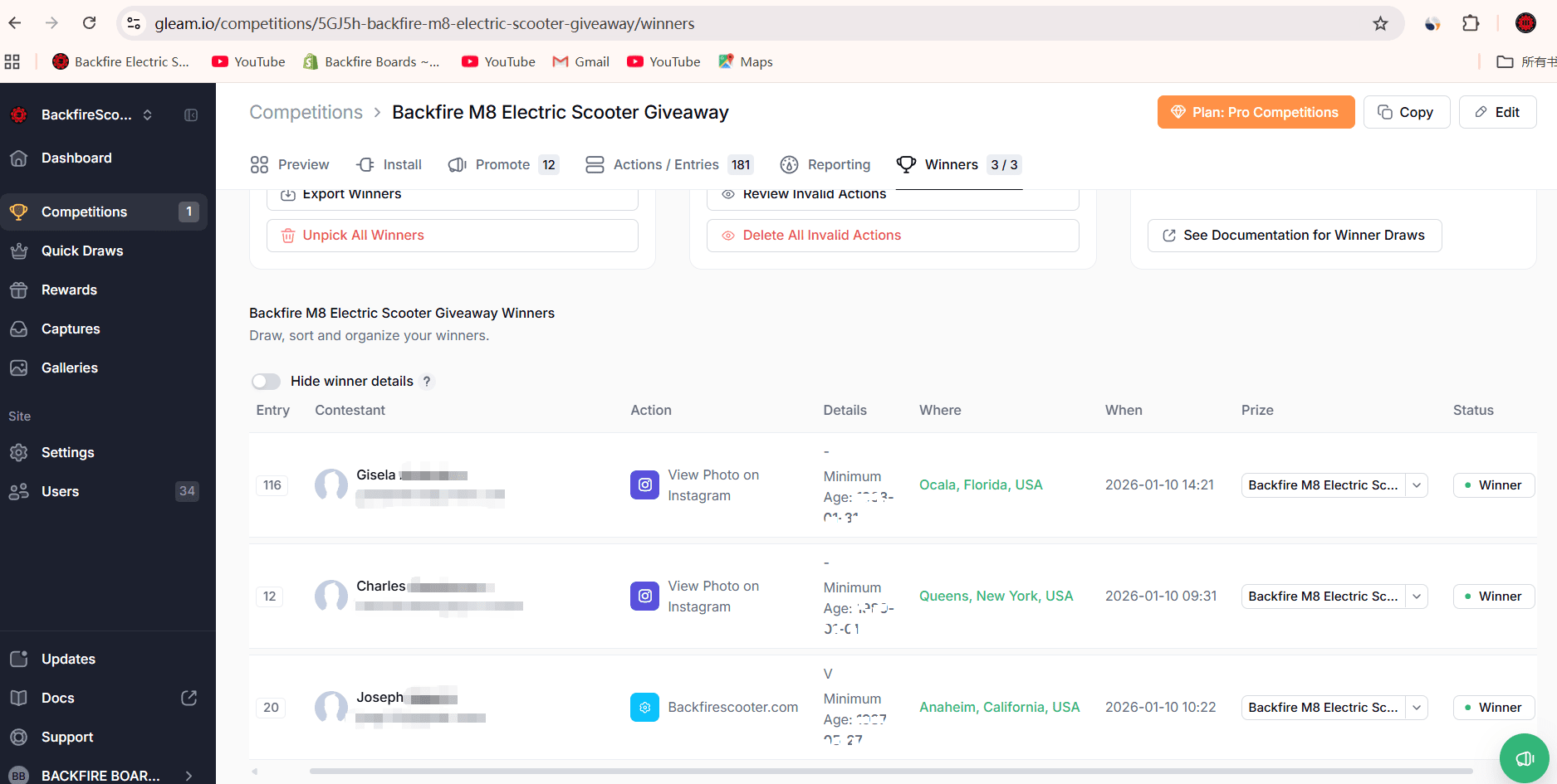 Giveaway Round 1 Results Announcement - Backfire Scooters